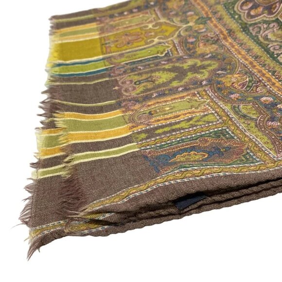 Auth ETRO - Khaki Dark Brown Multi Wool Silk Scarf - Picture 4 of 6